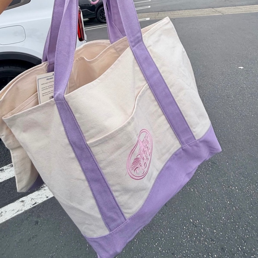 Trader Joes Large Canvas Tote Bag Purple Lavender Lilac Set of 2 NEW